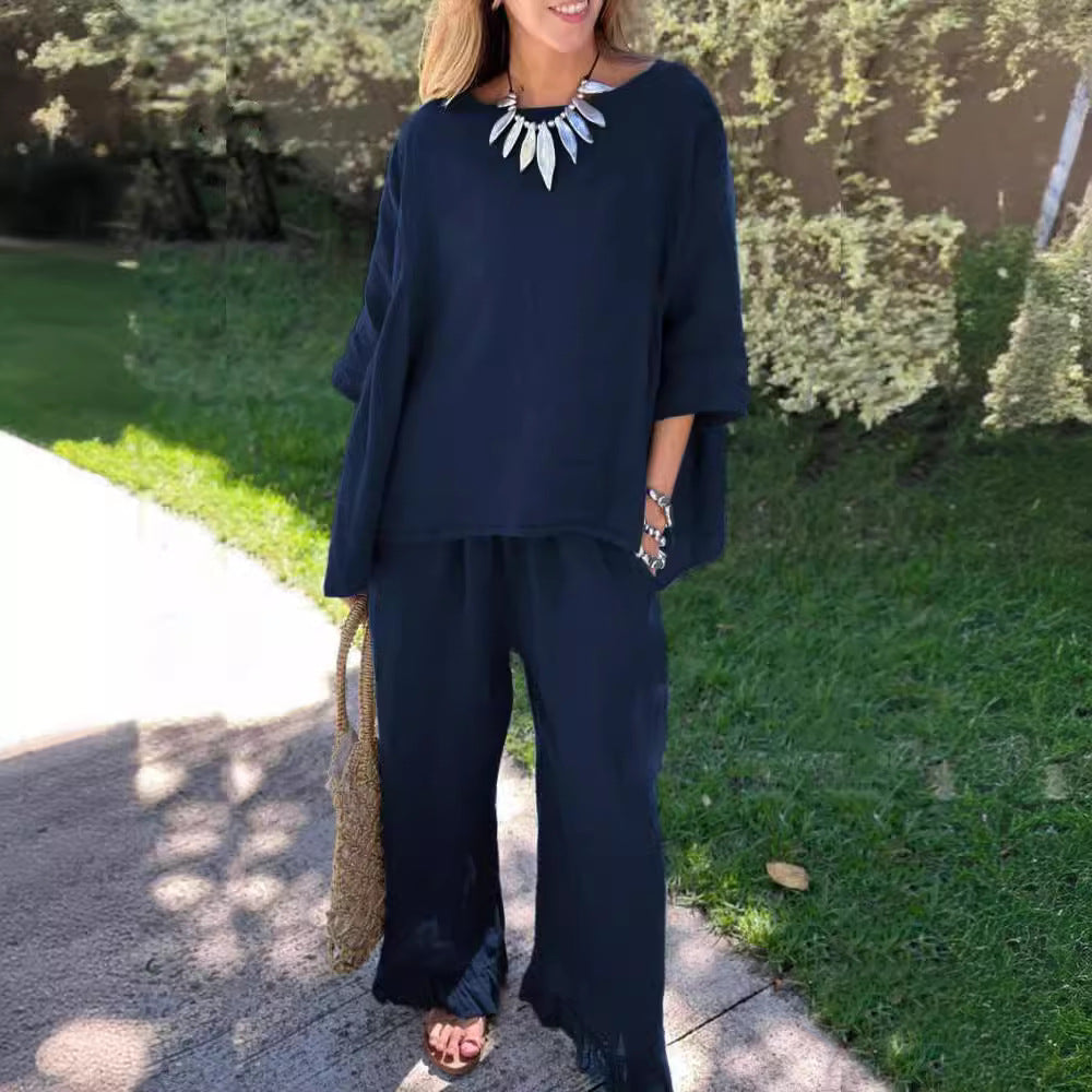Damen luftiges Zweiteiler-Set mit modischem Schnitt und fransigen Details R&B