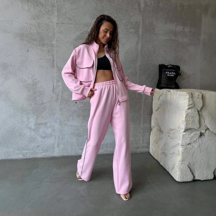 Damen sportliches Fleece-Set mit modischen Kontrasten und praktischen Taschen R&B