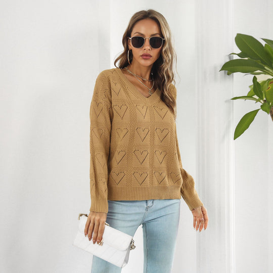 Damen modischer Strickpullover mit Herzmuster und V-Ausschnitt R&B