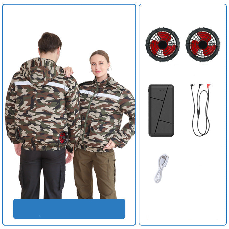 Unisex nan ventilated jacket for work and outdoor with integrated USB fans, battery compartment and hood R&B
