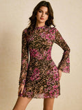 Damen nan figurbetontes Netz-Minikleid mit Leoparden- und Blumenprint, Stehkragen und Trompetenärmeln R&B