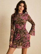Damen nan figurbetontes Netz-Minikleid mit Leoparden- und Blumenprint, Stehkragen und Trompetenärmeln R&B