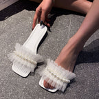 Damen Modische Slide-Sandalen mit Perlenverzierung und Tüll-Applikationen R&B
