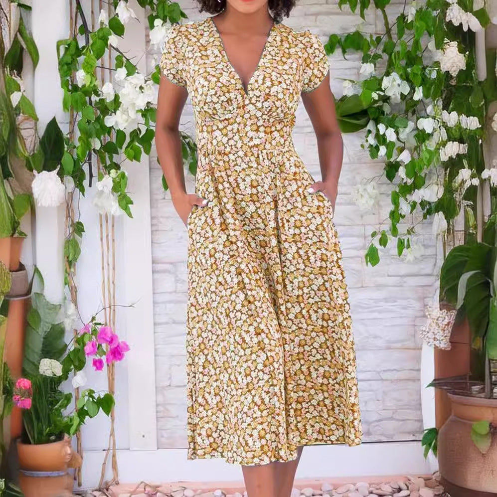 Damen Maxi-Kleid mit floralen Mustern und Taschen R&B