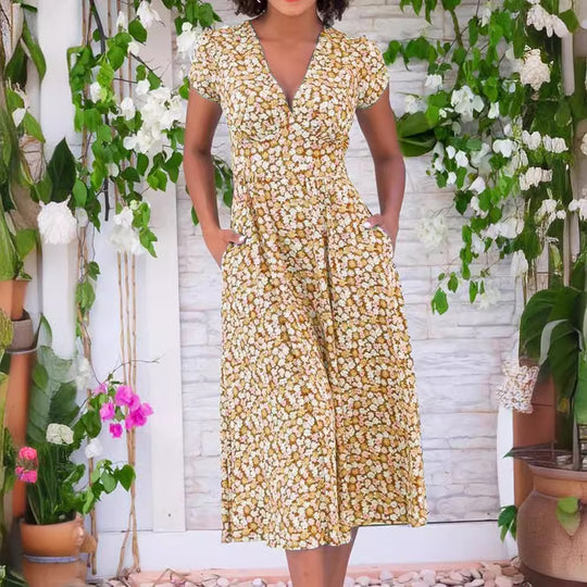 Damen Maxi-Kleid mit floralen Mustern und Taschen R&B