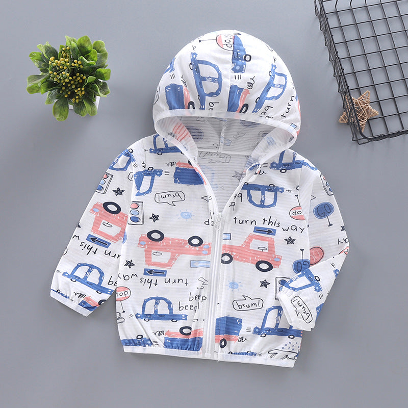 Unisex nan leichte atmungsaktive Musselin Kapuzen-Zip-Jacke mit verspieltem Auto-Muster für Kleinkinder R&B