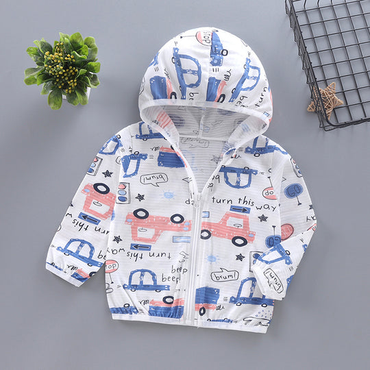 Unisex nan leichte atmungsaktive Musselin Kapuzen-Zip-Jacke mit verspieltem Auto-Muster für Kleinkinder R&B