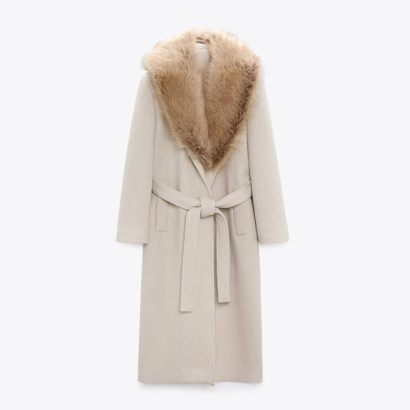 Damen Eleganter Trenchcoat mit gemütlichem Faux-Fur-Kragen und taillierbarem Gürtel R&B