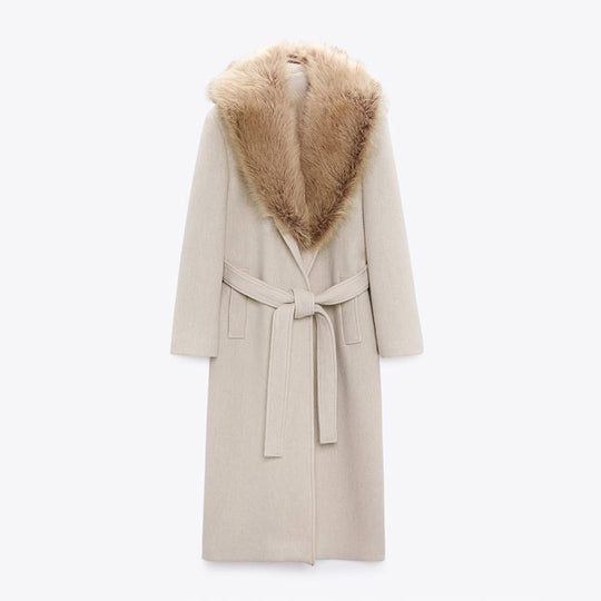 Damen Eleganter Trenchcoat mit gemütlichem Faux-Fur-Kragen und taillierbarem Gürtel R&B