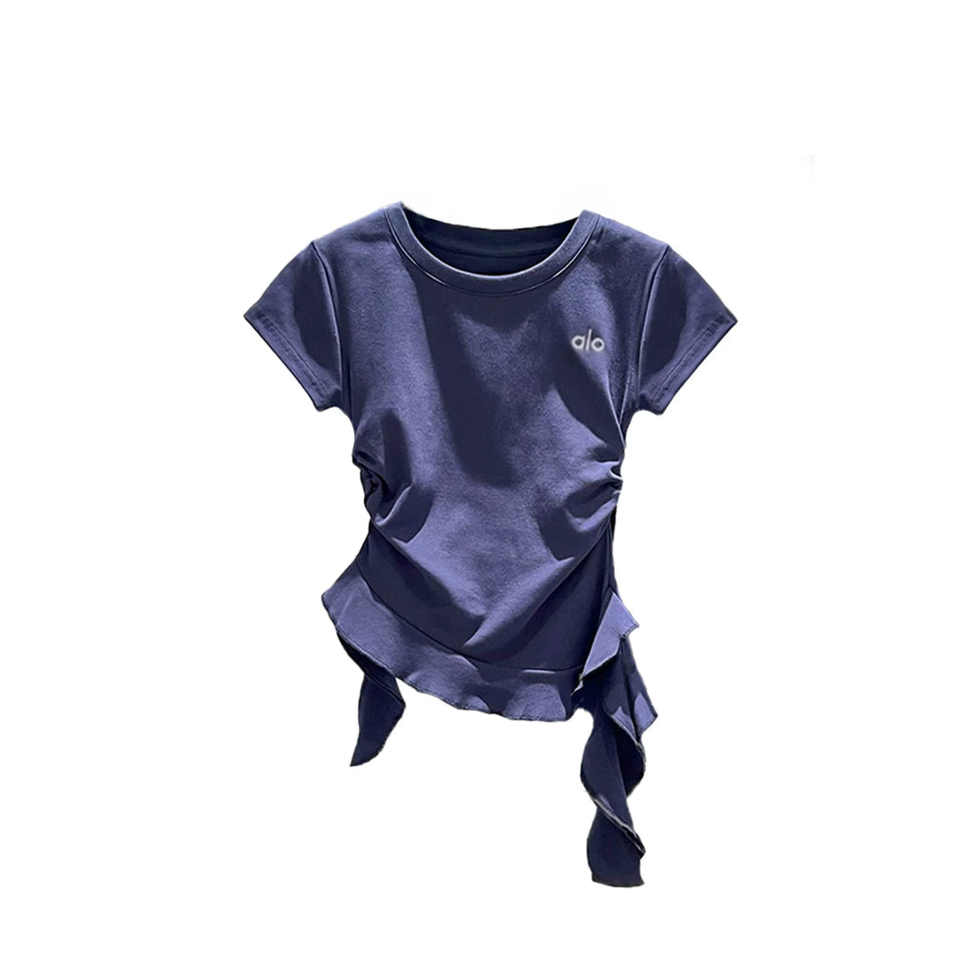 Damen nan kurzärmeliges Baumwoll-T-Shirt mit seitlicher Knotenraffung und Logostickerei R&B