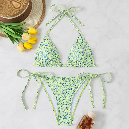 Damen Triangel-Bikini-Set mit buntem Blumenmuster und verstellbaren Trägern R&B
