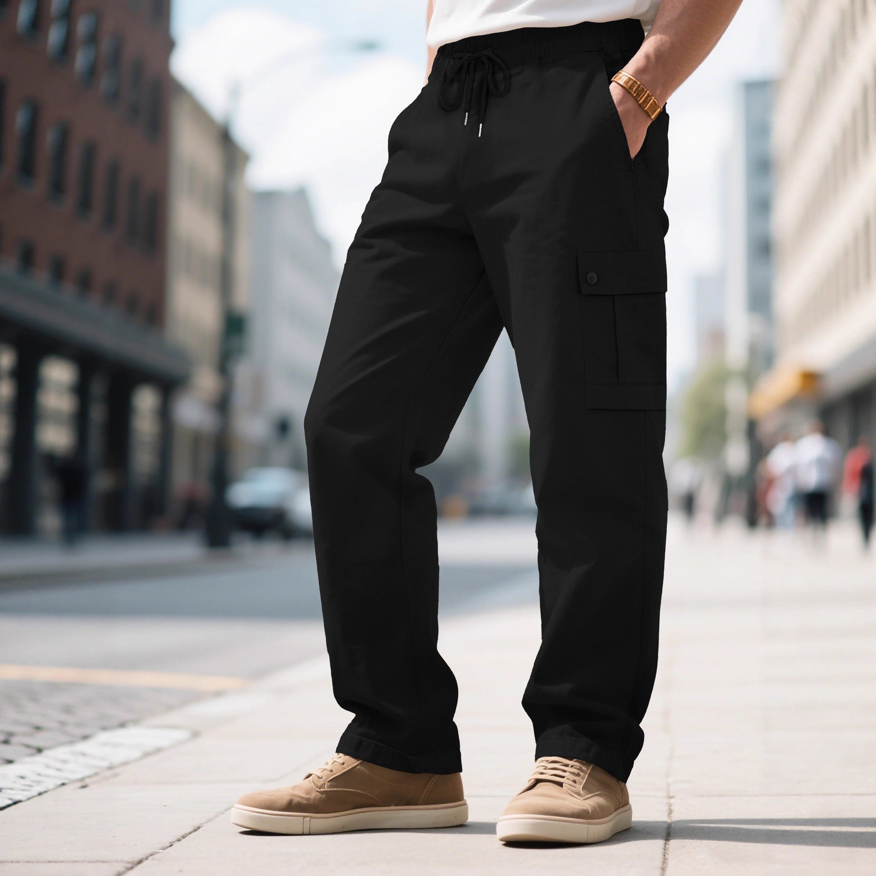 Herren nan urbane utilitarische Cargohose mit elastischem Komfortbund, Tunnelzug und verschließbaren Klappentaschen R&B
