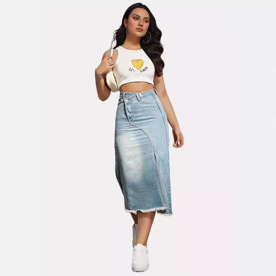 Damen Jeansrock mit asymmetrischem Schnitt und hohen Seitenschlitzen R&B