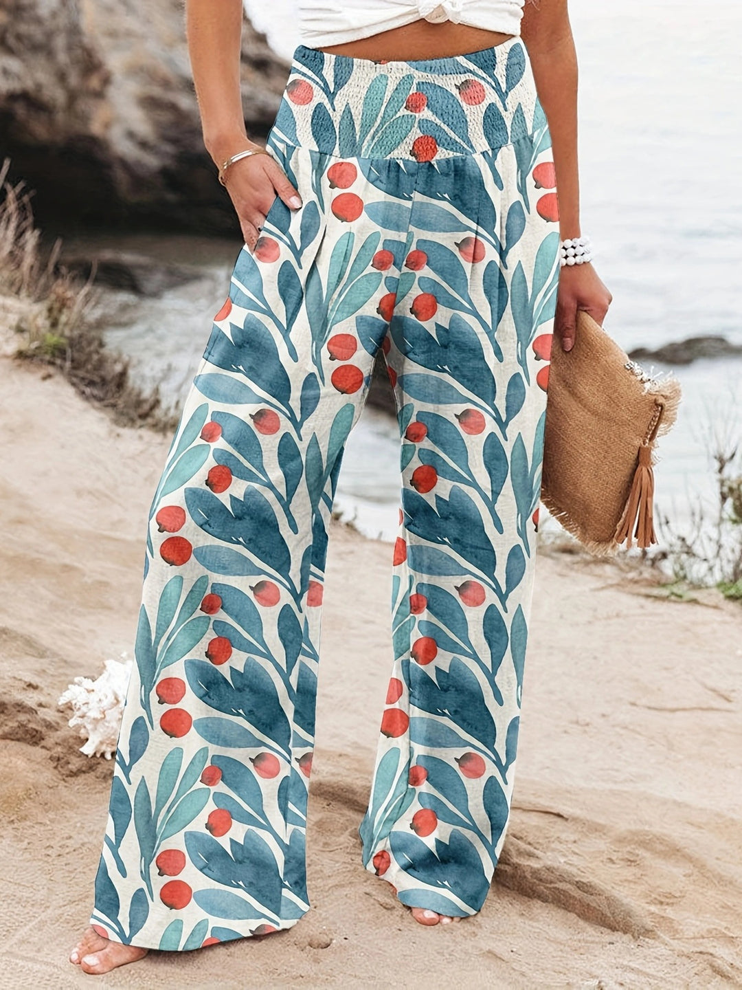 Damen Weit geschnittene Strandhose mit floralem Motiven und elastischem Bund R&B