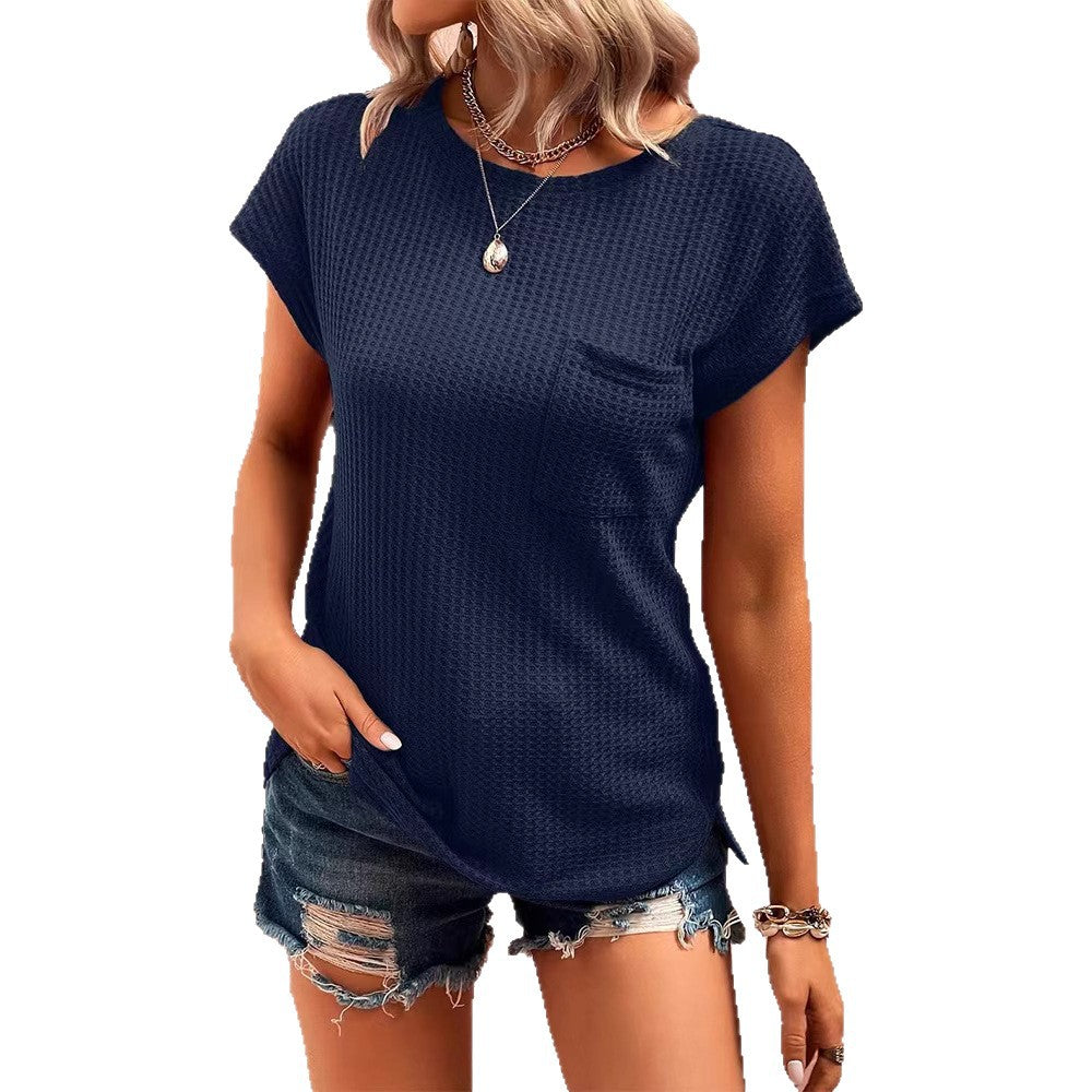 Damen nan lässiges Waffelstruktur-Kurzarmshirt mit Rundhalsausschnitt Brusttasche und seitlichen Schlitzen R&B