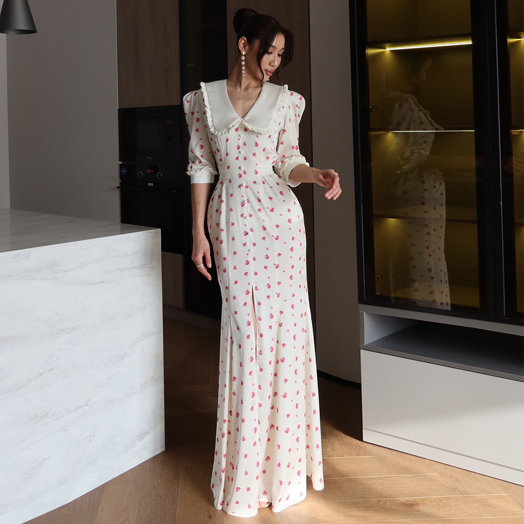 Damen Maxikleid mit eleganter Kragenkante und floralen Akzenten R&B