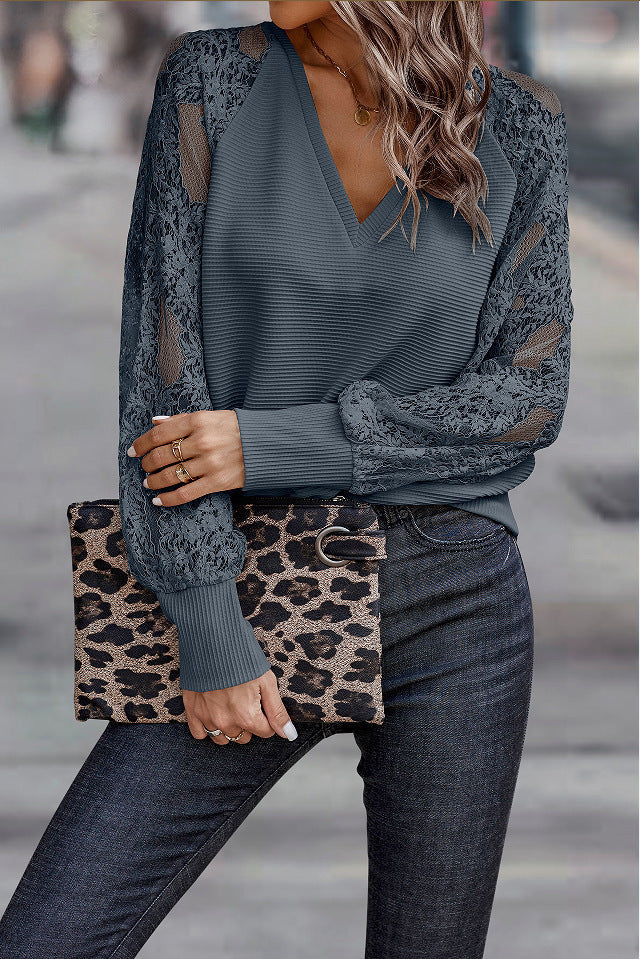 Damen Elegantes V-Ausschnitt Oberteil mit transparenter Spitze und voluminösen Ärmeln R&B