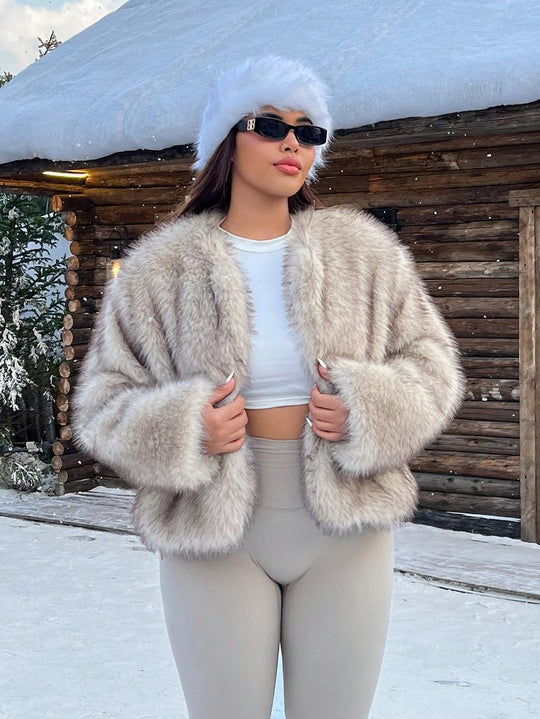 Damen Trendige und flauschige Kunstpelzjacke R&B