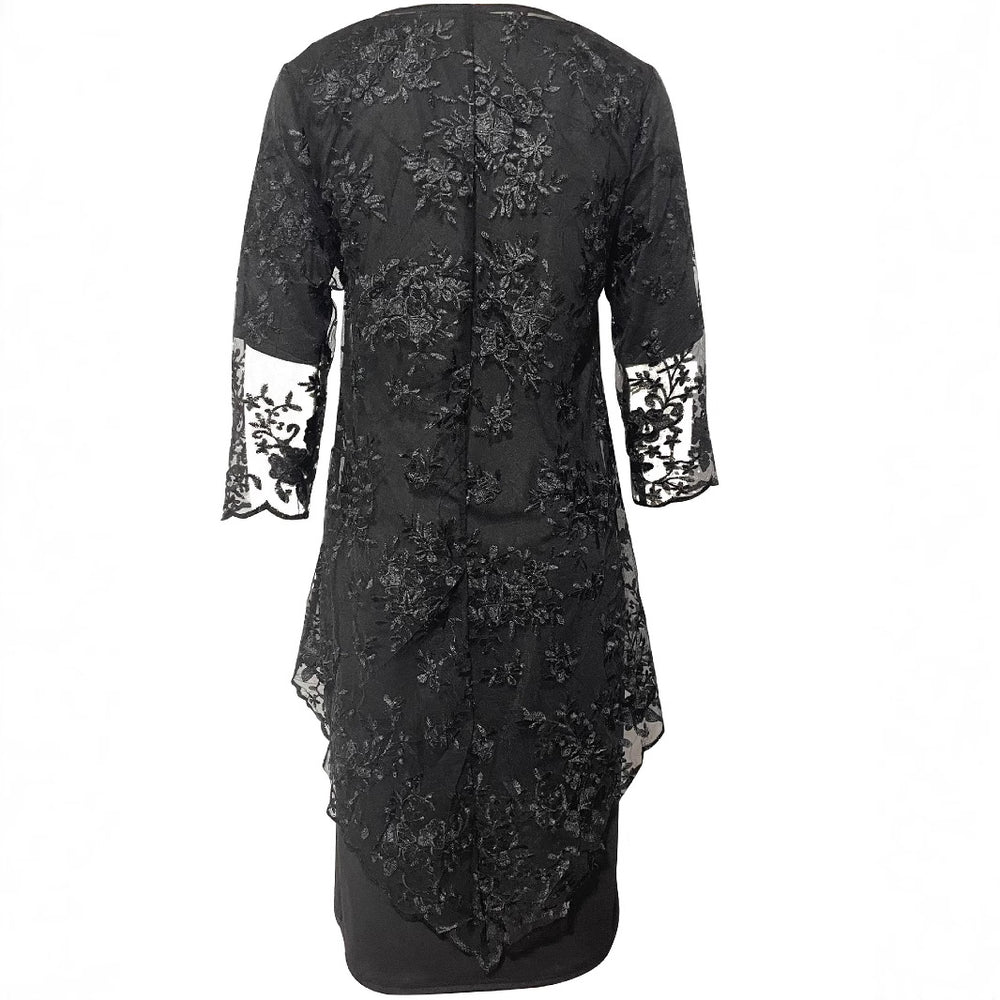 Damen Elegantes Blusen-Kleid mit floralen Spitze-Ärmeln und schwingendem Saum R&B