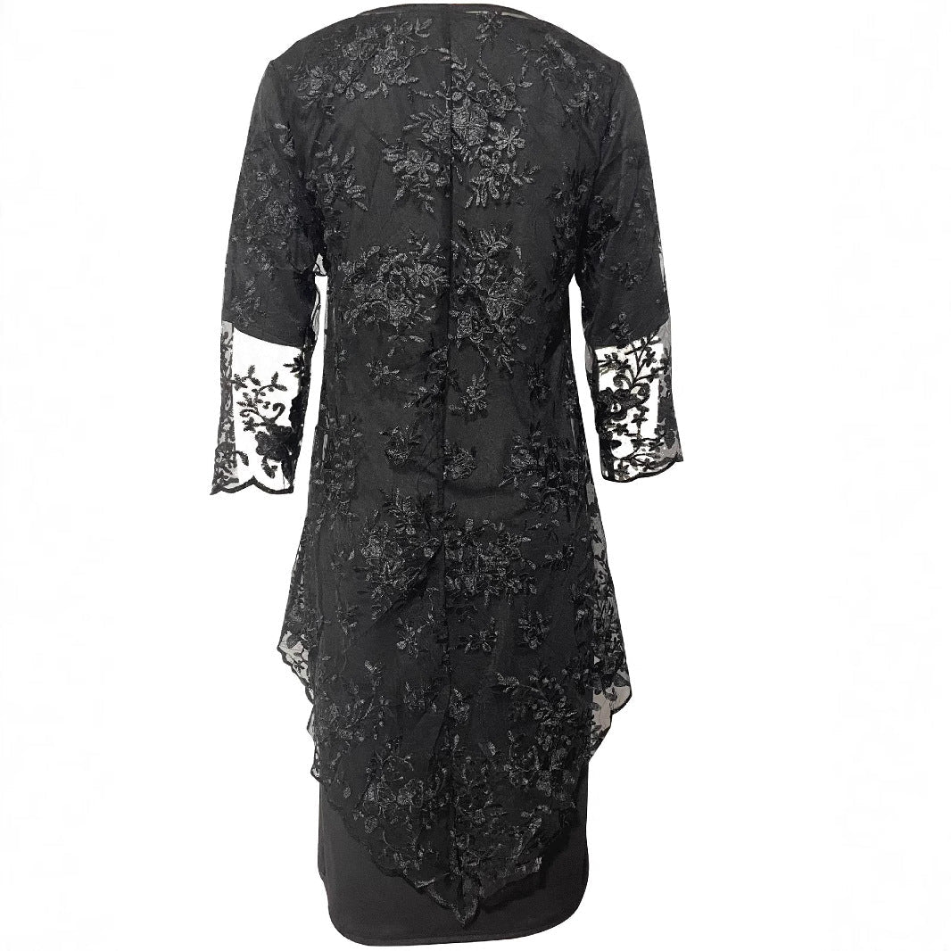 Damen Elegantes Blusen-Kleid mit floralen Spitze-Ärmeln und schwingendem Saum R&B