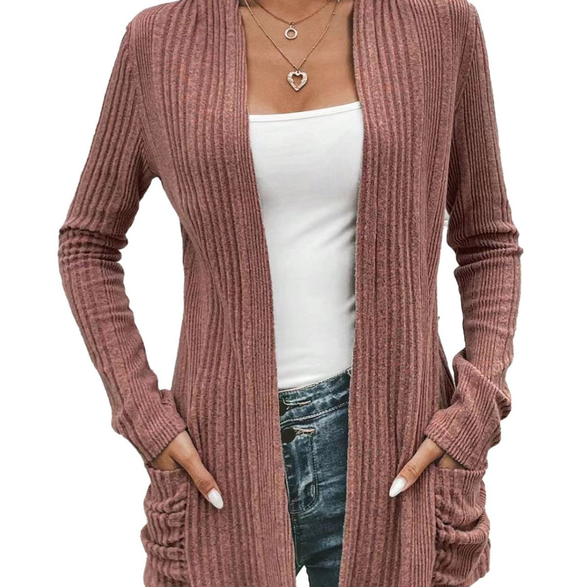 Damen modische Strickjacke mit offenen Front und praktischen Taschen R&B