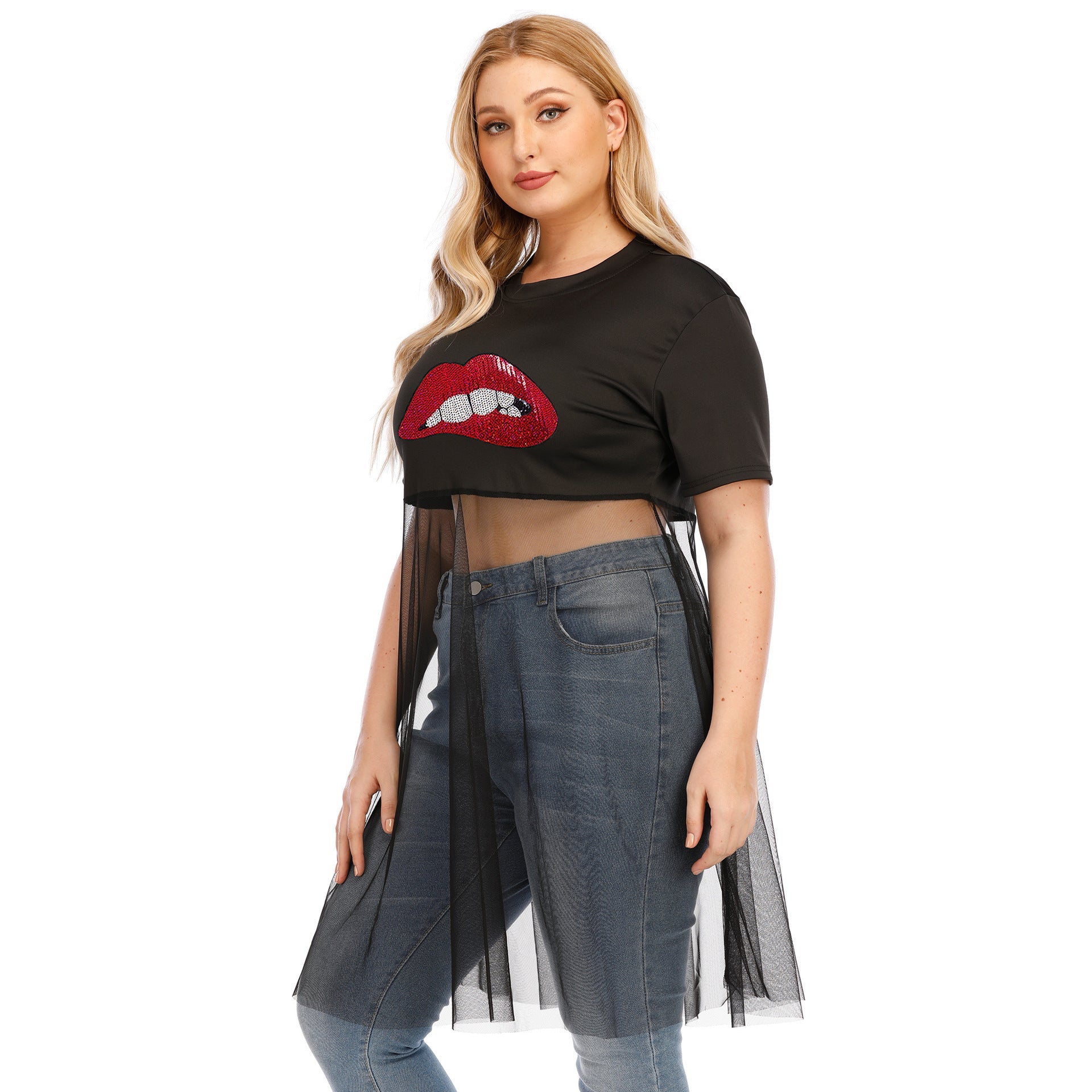 Damen modisches Crop-Top mit transparentem Überwurf und Glitzerbesatz R&B
