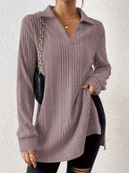 Damen Langarm Shirt mit strukturiertem V-Ausschnitt und schmalen Rippdetails R&B