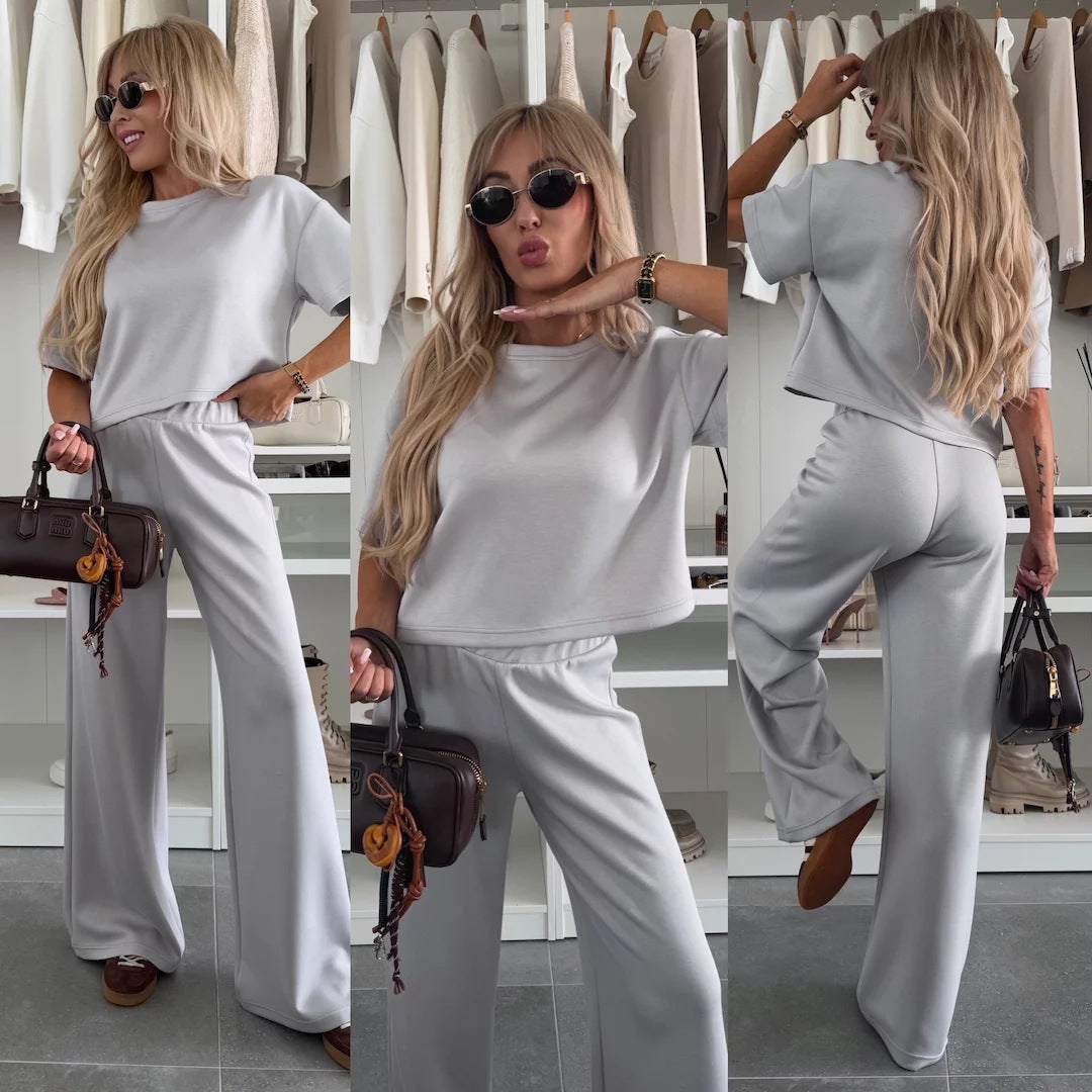 Damen lässiges Lounge-Set mit cropped T-Shirt und weitem Hosen R&B