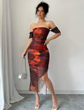 Damen elegantes Off-Shoulder Kleid mit raffinierten Rüschen R&B