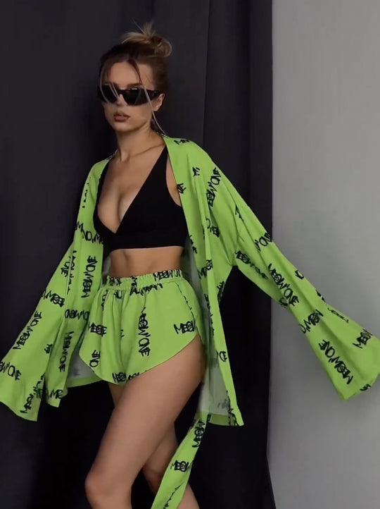 Damen stylishes Set aus leichtem Überwurf und Shorts mit Schriftzug R&B