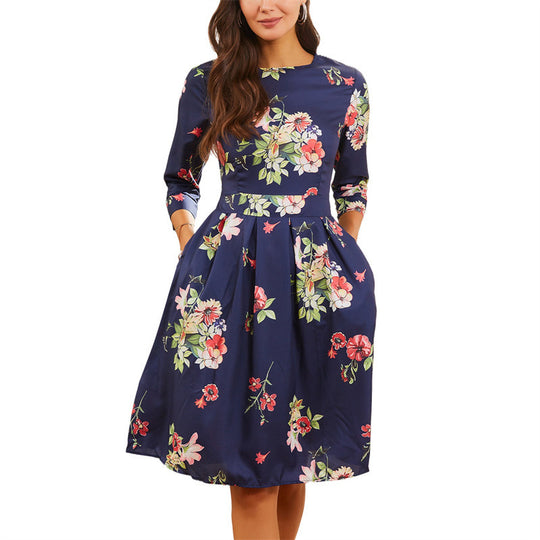 Damen Midi-Kleid mit floralem Design und praktischen Taschen R&B