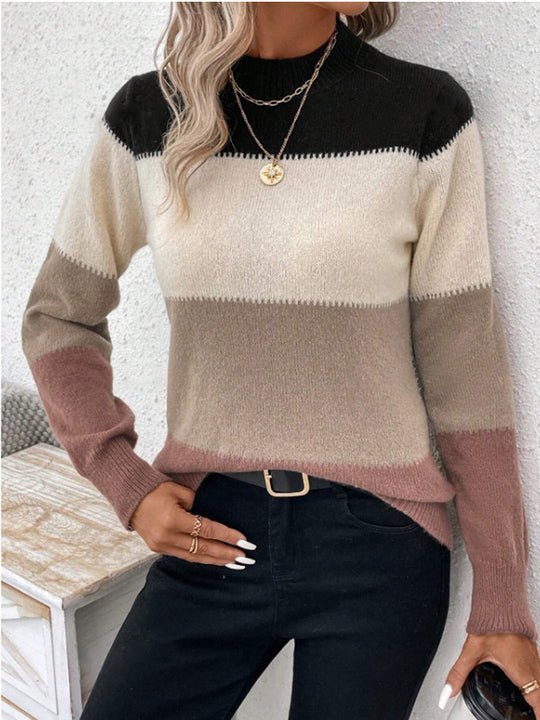 Damen modischer Strickpullover mit trendigem Blockstreifen und steigendem Kragen R&B