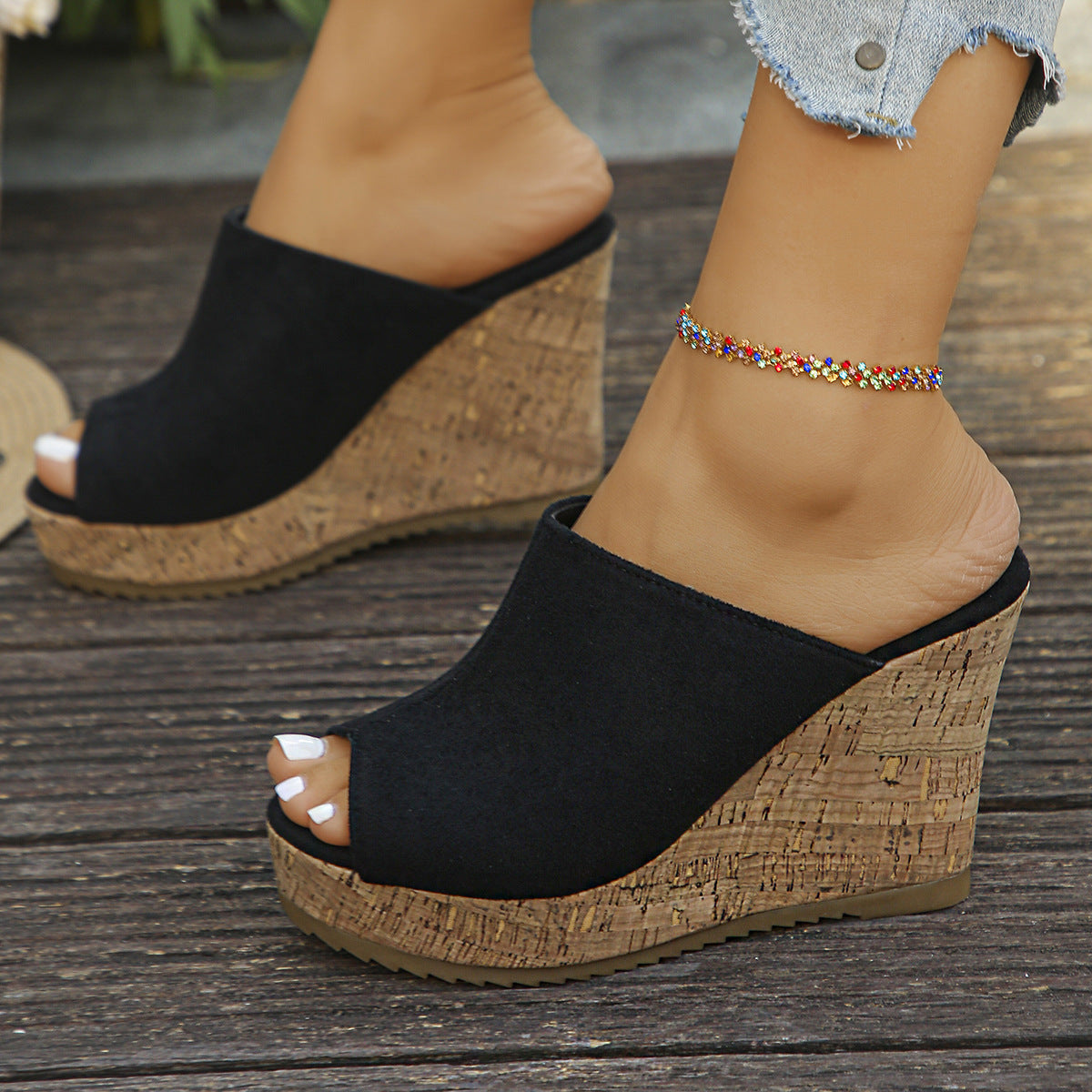 Damen Wedge-Pantoletten mit modischem Kork-Design und weichem Obermaterial