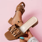 Damen Offene Mules mit raffinierten Falten und komfortablem Blockabsatz R&B