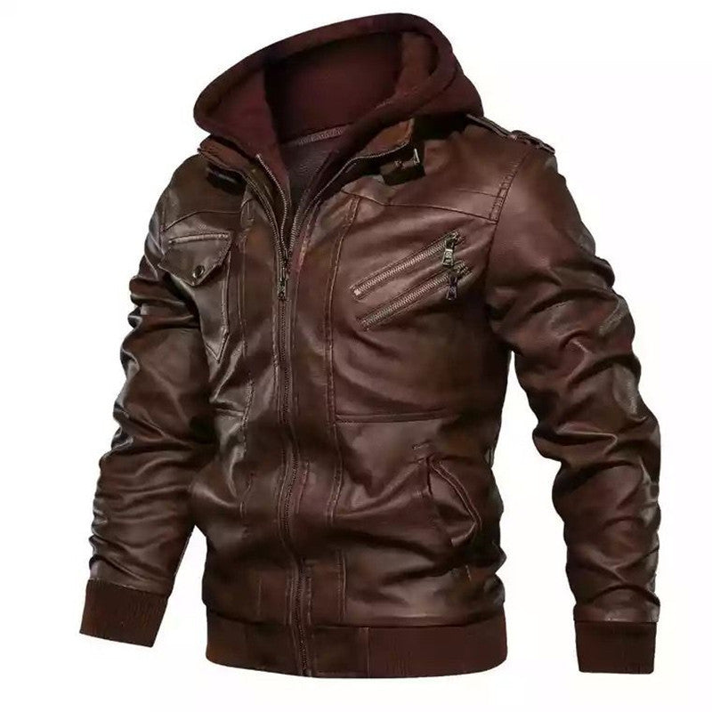 Herren Bikerjacke im Vintage-Look mit abnehmbarer Kapuze und vielseitigen Taschen R&B
