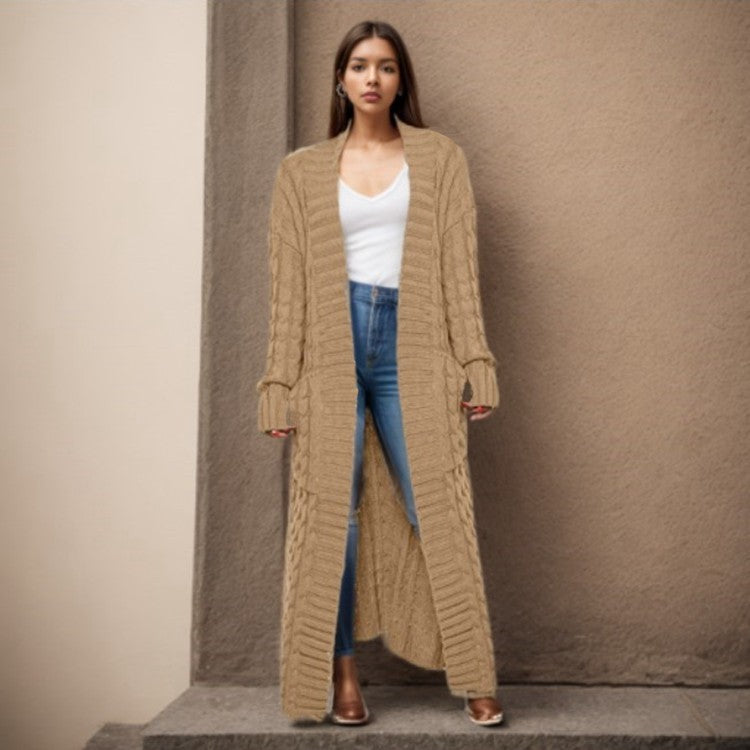 Damen Langer Strickcardigan mit raffiniertem Zopfdesign und praktischen Taschen R&B