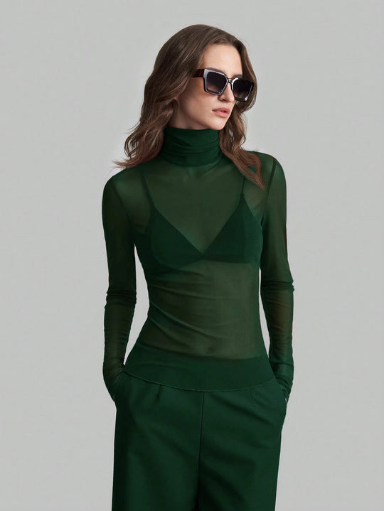 Damen Transparente Turtleneck-Bluse mit figurformendem Schnitt R&B