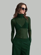 Damen nan feines transparentes Mesh-Langarmtop mit Rollkragen und figurbetonter Passform R&B