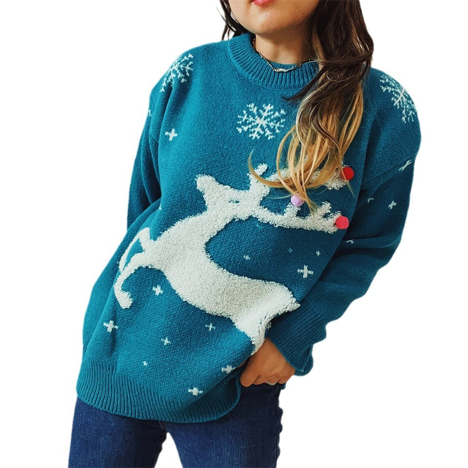 Damen festlicher Pullover mit kreativem Rentier-Motiv und strukturiertem Strick R&B