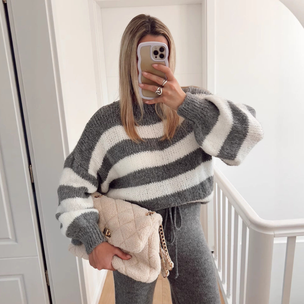 Damen modischer Cropped Pullover mit einzigartigem Streifenmuster und weit geschnittenen Ärmeln R&B