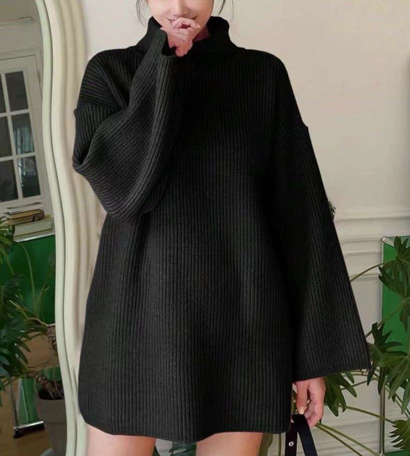 Damen Langer Strickpullover mit hohem Kragen und weit ausgestellten Ärmeln R&B