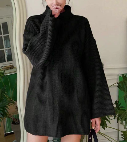 Damen Langer Strickpullover mit hohem Kragen und weit ausgestellten Ärmeln R&B