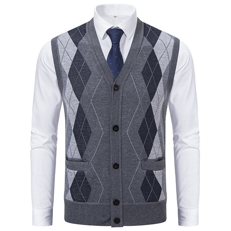 Herren elegante Strickweste mit klassischem Rautenmuster und praktischen Taschen R&B