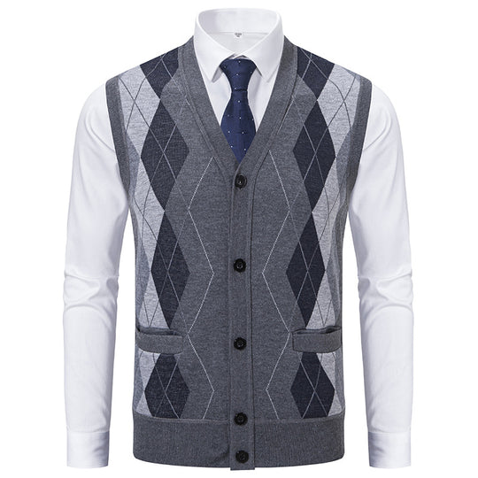 Herren elegante Strickweste mit klassischem Rautenmuster und praktischen Taschen R&B