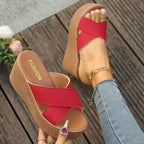 Damen Wedge-Sandalen mit geflochtenem Absatz und überkreuzten Riemen