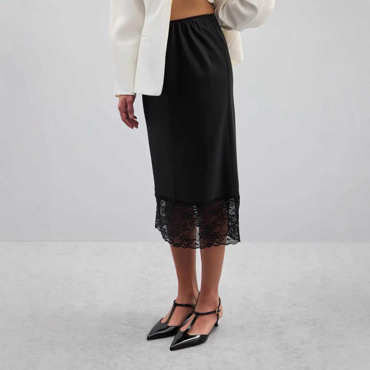 Damen eleganter Satin-Rock mit floralen Spitzenakzenten R&B