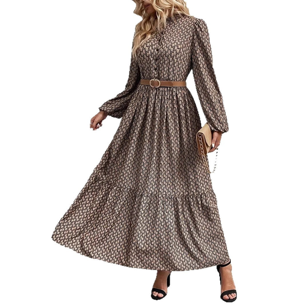 Damen Maxikleid mit raffiniertem Muster und Taillengürtel R&B