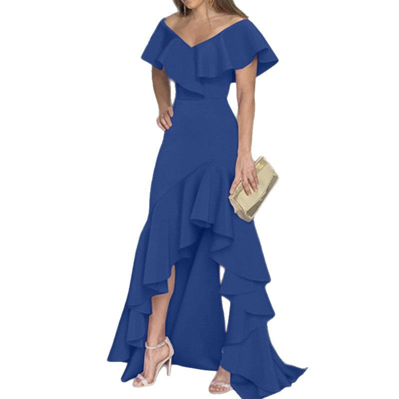 Damen Maxikleid mit voluminösen Rüschen und schulterfreiem Design R&B