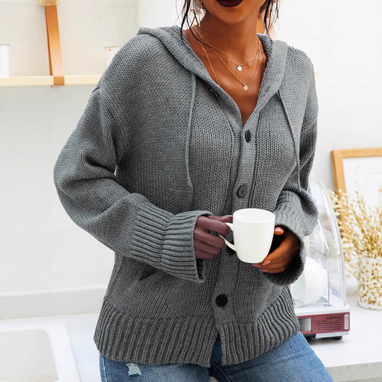 Damen Grober Strickcardigan mit Kapuze und praktischen Taschen R&B