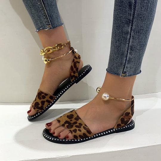 Damen Sandalen mit elegantem Leopardenmuster und dekorativem Fußkettchen R&B